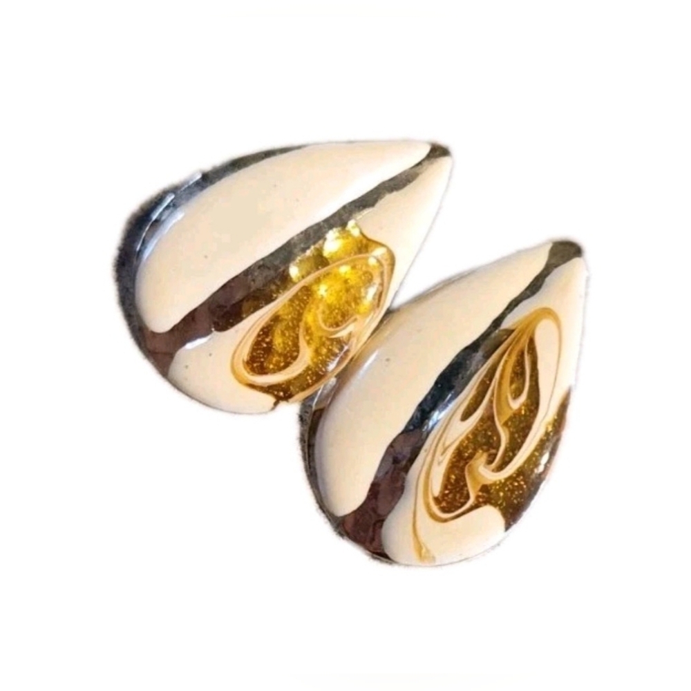 Vintage 80s Gold Tone Enamel Teardrop Earrings Statement Costume Jewelry Retro